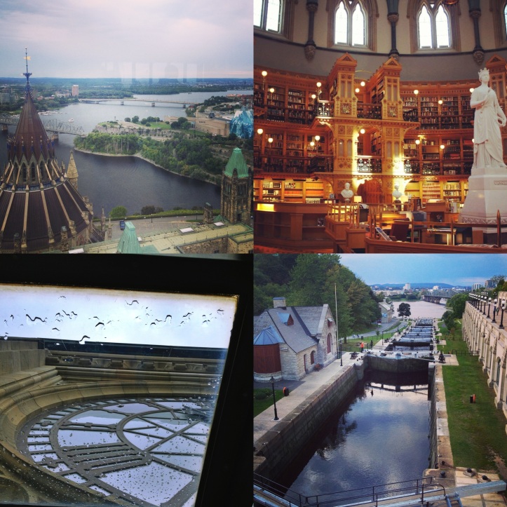 View from the Peace Tower; the beautiful Library of Parliament; under the tower's clock; the locks at the Rideau Canal
